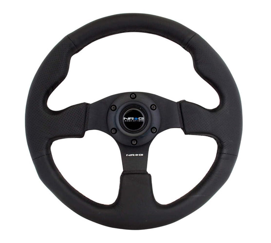 NRG Innovations Reinforced NRG-RST-012R Steering Wheel Leather Steering Wheel 320mm With/BLACK Stitch/Black Thumb Grip, Double Riveted Spokes + Horn Button