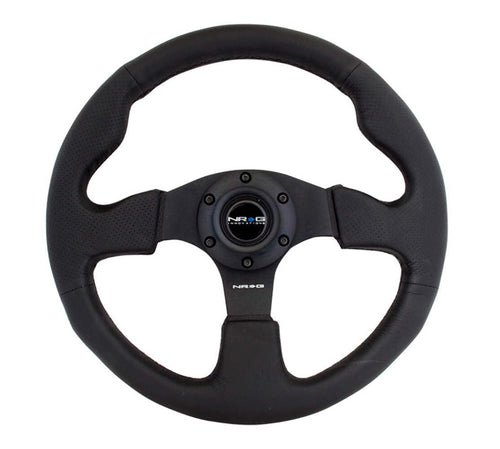 NRG Innovations Reinforced NRG-RST-012R Steering Wheel Leather Steering Wheel 320mm With/BLACK Stitch/Black Thumb Grip, Double Riveted Spokes + Horn Button