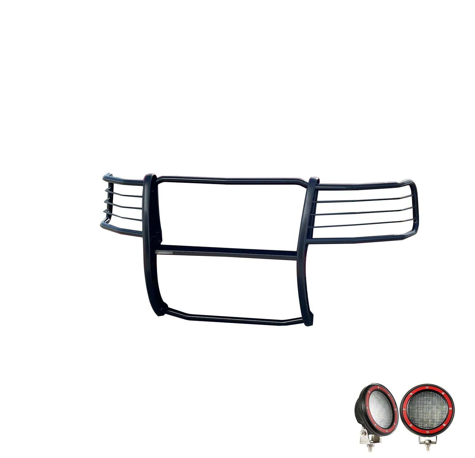Grille Brush Black Horse Bumper Guard Modular Black Come with Pair of 5.3" LED Lights with Red Trim Rings Compatible with 2007-2013 Avalanche|2007-2014 Suburban 1500/Tahoe-17A037400MA-PLFR