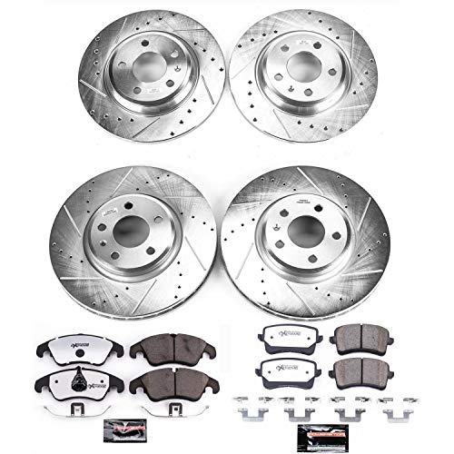 Power Stop K5754-26 Z26 Carbon Fiber Brake Pads Front and Rear with Drilled & Slotted Brake Rotors Kit and 1 Front Sensor Wire For A4, A4 Quattro, A5, A5 Quattro, Q5 [Model Specific]