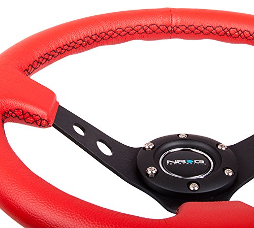 NRG Innovations Reinforced NRG-RST-006RR-BS Steering Wheel - 350mm Sport Steering Wheel (3" Deep) - Black Spoke with Round holes, Red Leather, Black Stitch