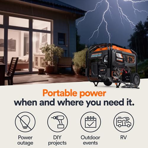 Generac 8011 GP7500E Portable Generator - 7,500-Watt Dual-Fuel Compatible - Gas and Propane - COsense Technology with Electric Start - Powerrush Advanced Technology - Reliable Power Solution