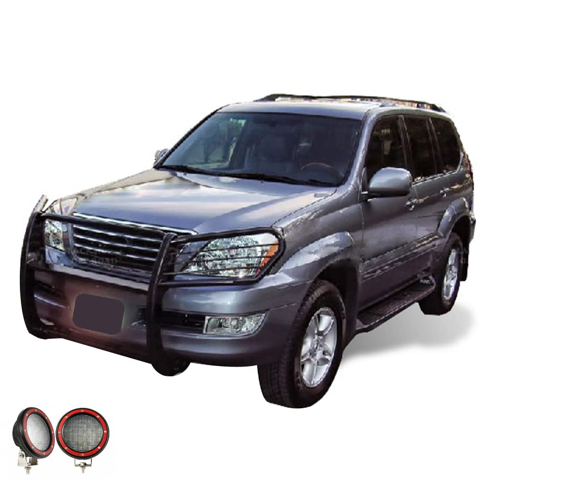Bumper Guard Modular Black Black Horse Grille brush Come With Pair of 5.3" Dia.LED Lights with Red Trim Rings Compatible with 2003-2009 Lexus GX470|2003-2009 Toyota 4Runner-17TU26MA-PLFR