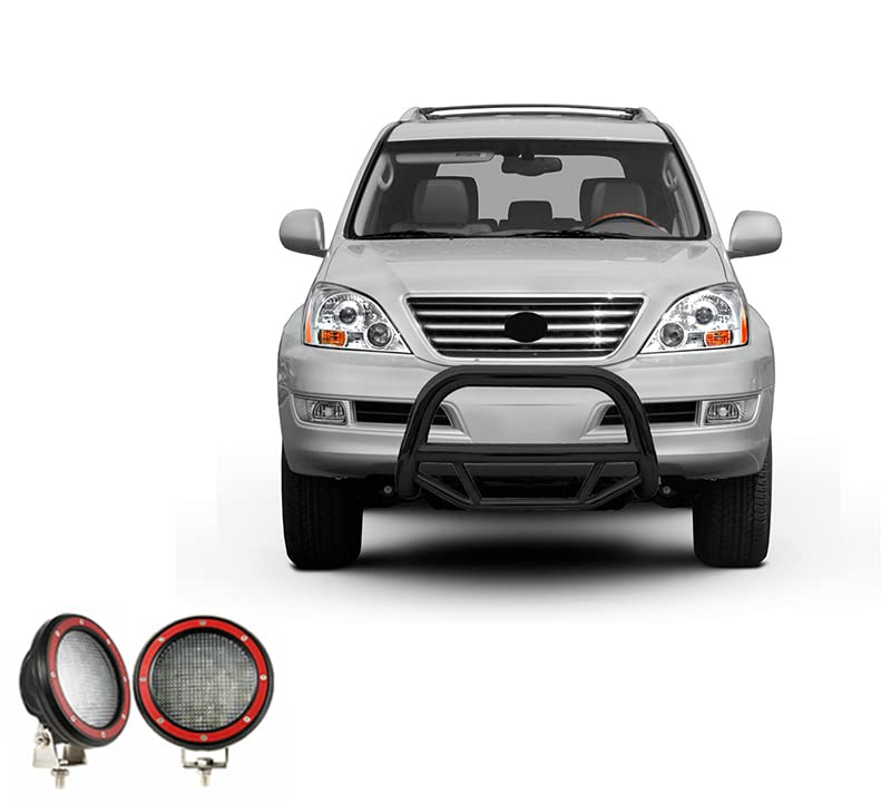 Max Bull Bar Black Horse Incl. Pair of 5.3" Dia.LED Lights w/Red Trim Rings No Skid Plate Compatible with 2003-2009 Lexus GX470|2003-2009 Toyota 4Runner-MBB-TOF7007-PLFR