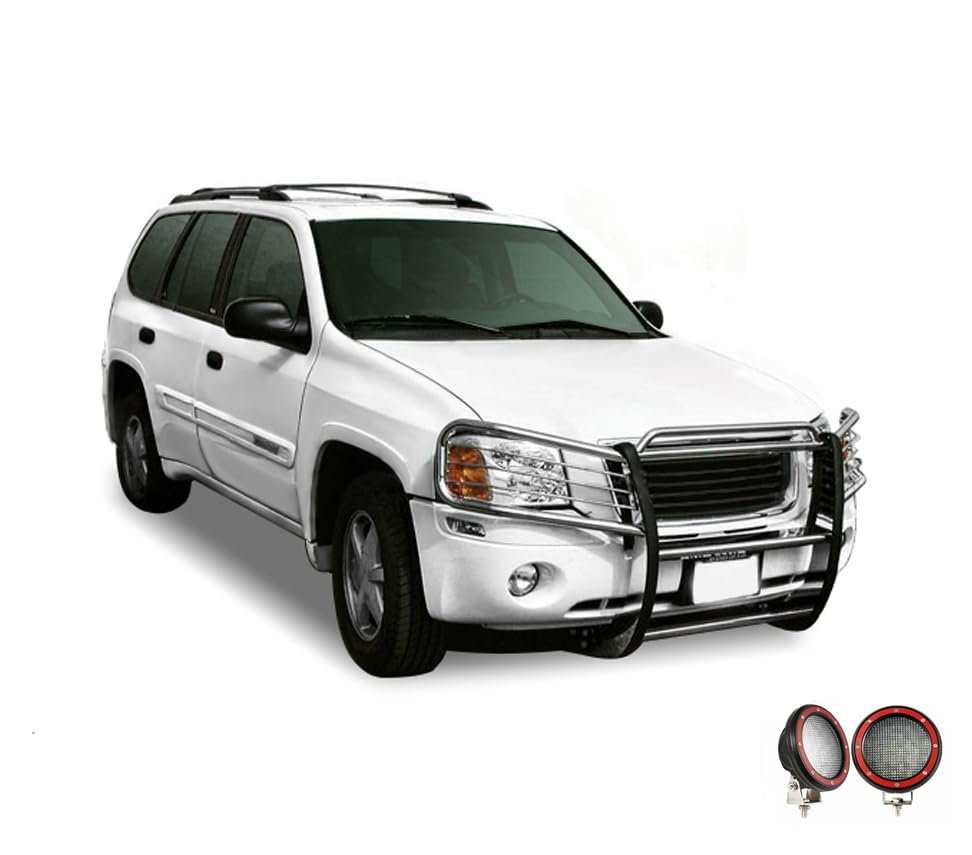 Bumper Guard Black Horse Grille Brush Modular Stainless Steel Come with Pair of 5.3" Dia.LED Lights with Red Trim Rings Compatible with 2002-2009 GMC Envoy-17GD26MSS-PLFR