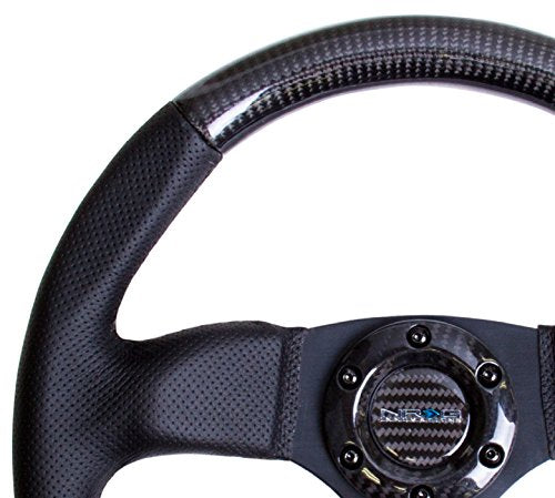 NRG Innovations Carbon Fiber NRG-ST-009CFBS Steering Wheel 320mm, Flat Bottom with Black Stitching, Leather Trim