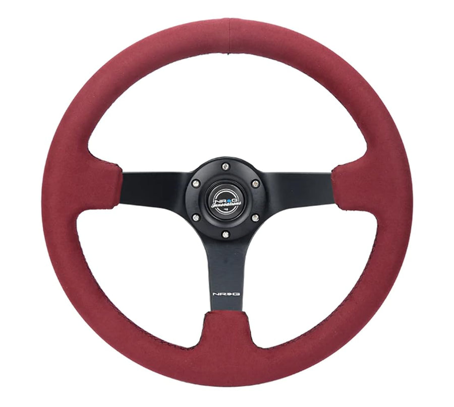 NRG Innovations Reinforced NRG-RST-036MB-BUA Steering Wheel - 350mm (3' deep) Burgundy Alcantara with Black Baseball Stitching Matte Black Spoke