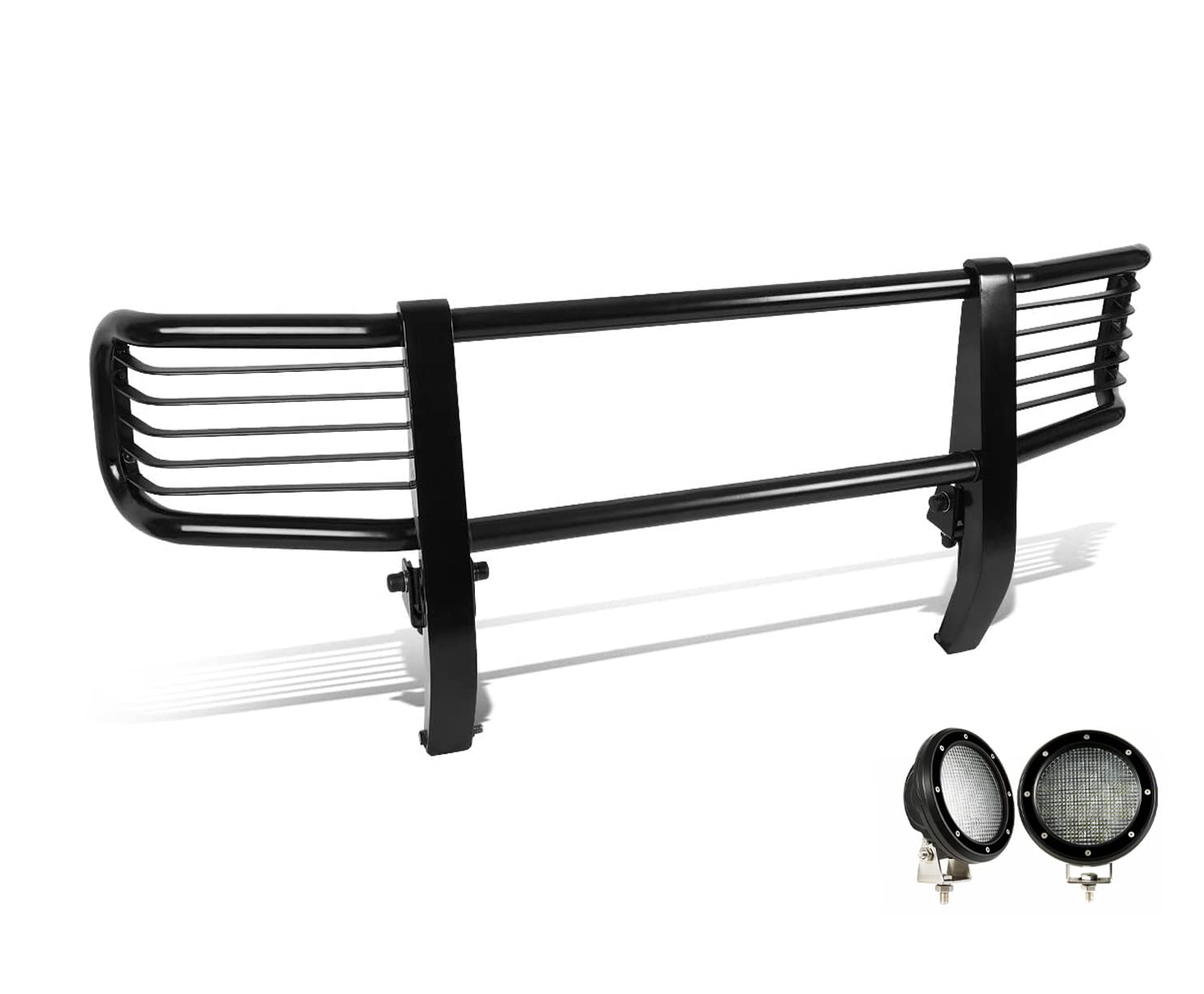 Bumper Guard Black Horse Grille Brush Modular Black Come with Pair of 5.3" LED Lights with Black Trim Rings Compatible with 2003-2010 Mercedes-Benz G55 AMG|1999-2010 Mercedes-Benz G500-PGBZA008A-PLFB