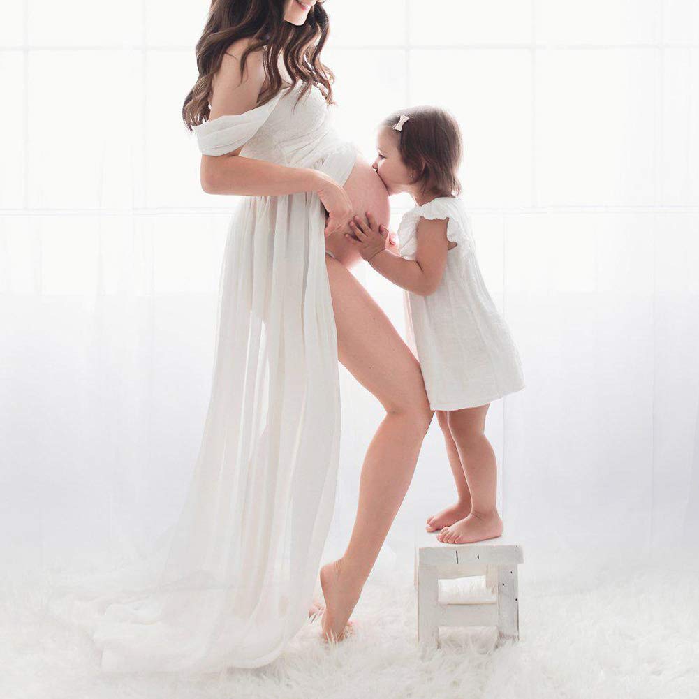 Women's Solid Off Shoulder Maternity Dress, Split Front Sleeveless Chiffon Shoulderless Long Photography Dress