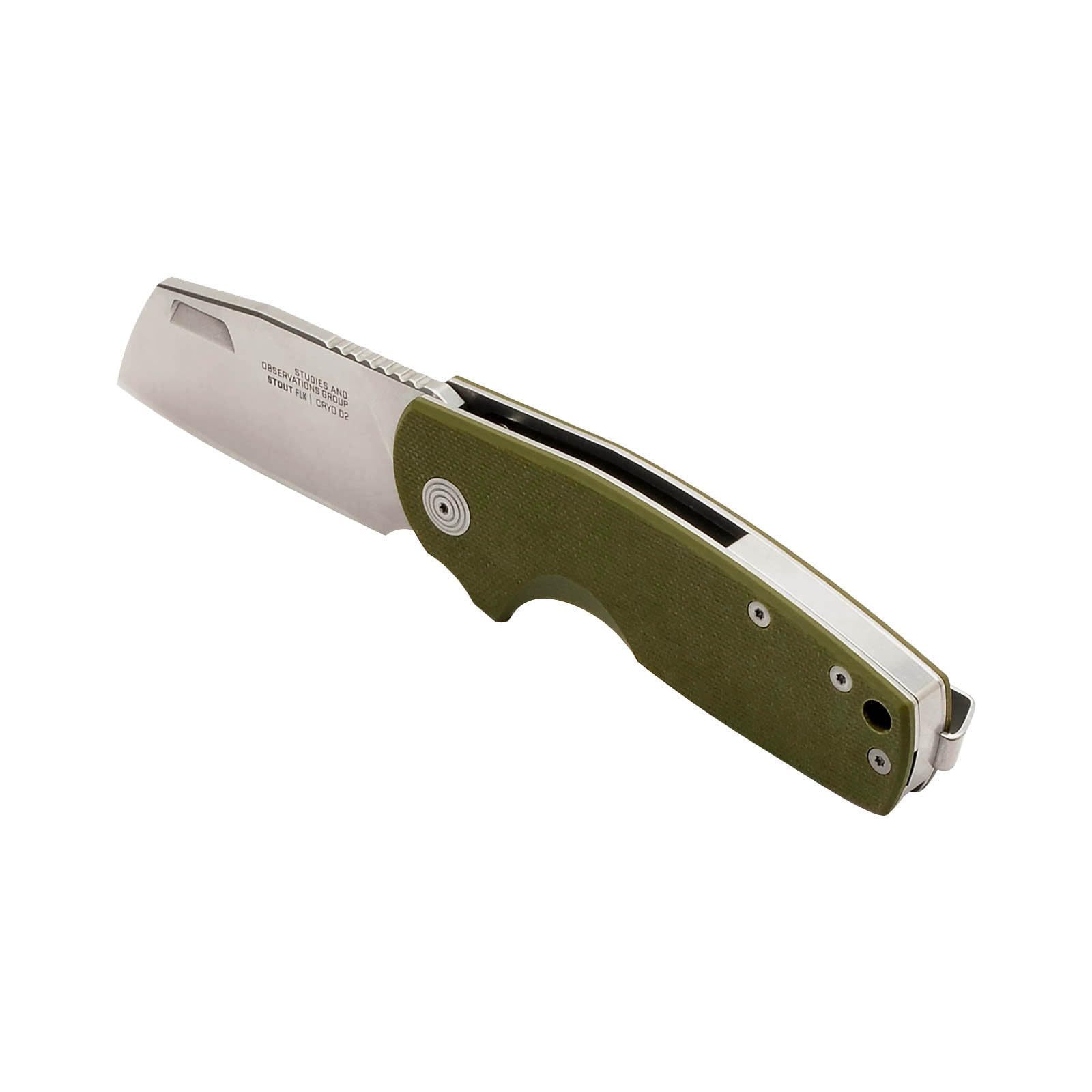 SOG FLK Stout Cleaver Daily Carry Folding Knife | G10 & Steel Handle | CRYO D2 Steel Blade| Short-Blade Frame Lock Folder, OD Green/Stonewash