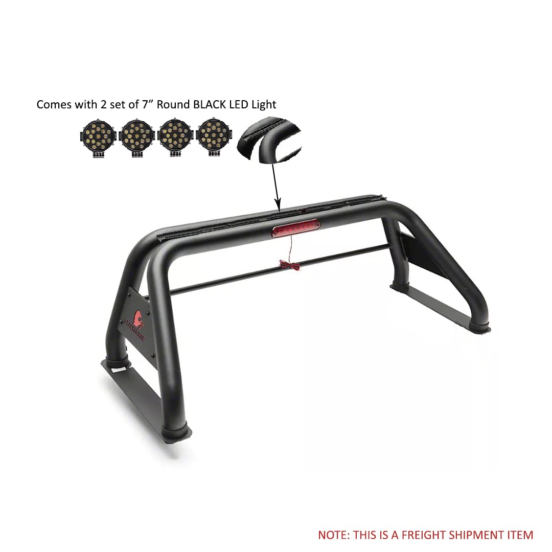 Classic Black Horse Roll Bar incl. Pair of 7.0" Dia. LED Lights w/Black Trim Rings Compatible with 99-24 Ford F-250 Super Duty|99-24 Ford F-350 Super Duty|99-24 Ford F-450 Super Duty