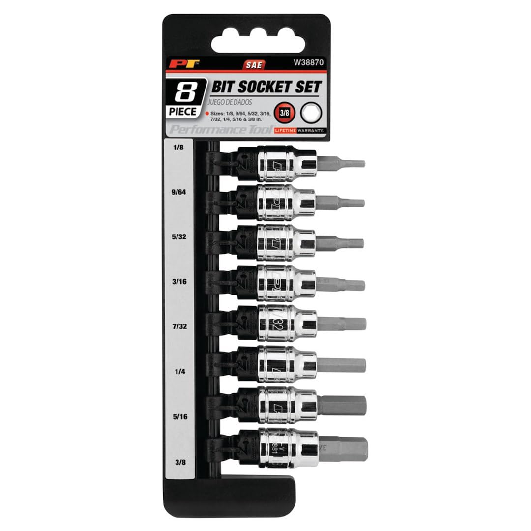 W38870 Performance Tool 8 Piece 3/8 Drive SAE Hex Bit Socket Set 1/8-Inch, 9/64-Inch, 5/32-Inch, 3/16-Inch, 7/32-Inch, 1/4-Inch, 5/16-Inch, 3/8, Black
