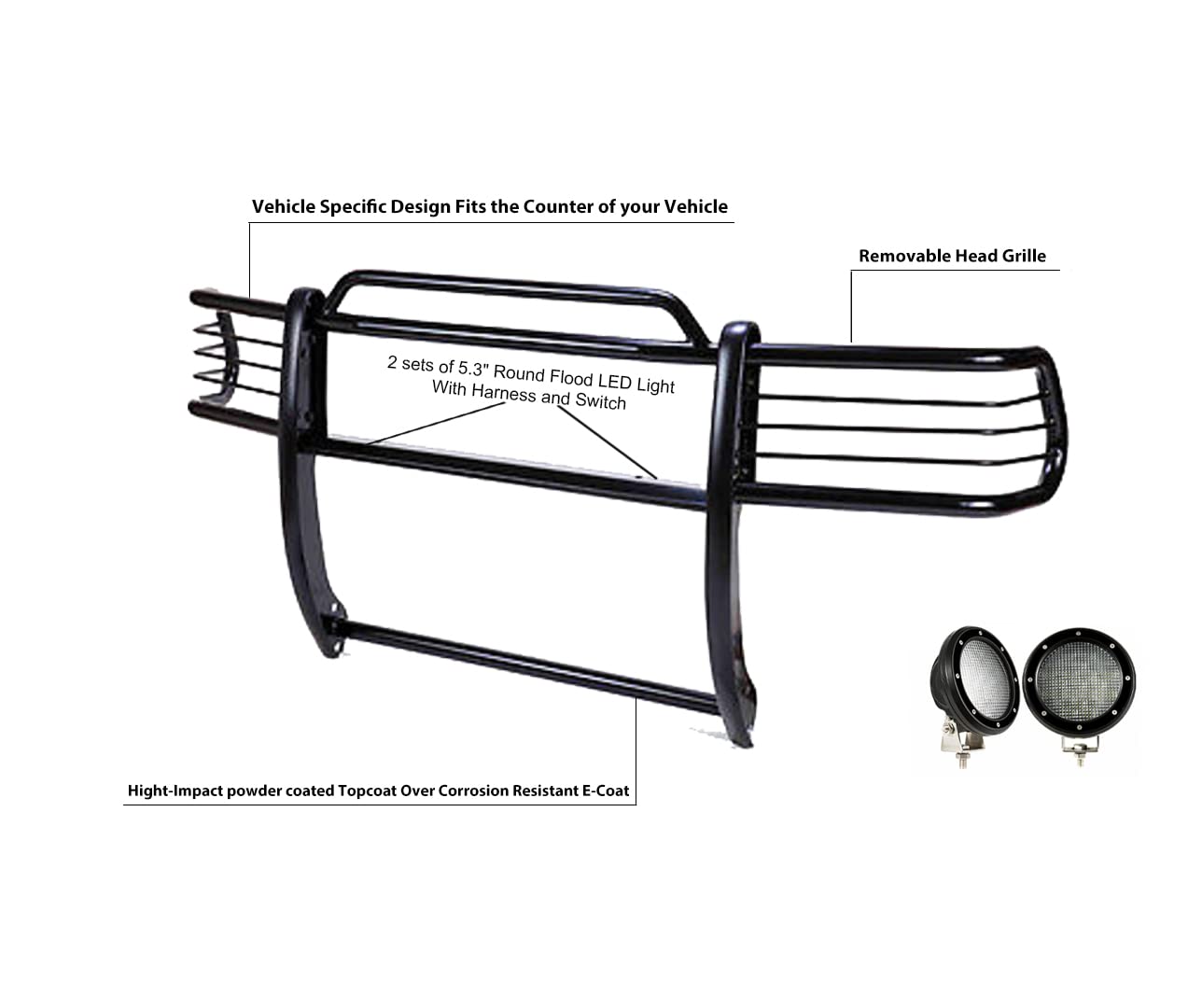 Bumper Guard Black Horse Grille Brush Modular Black Come with Pair of 5.3" Dia.LED Lights with Black Trim Rings Compatible with 2004-2006 Toyota Tundra-17TS27MA-PLFB