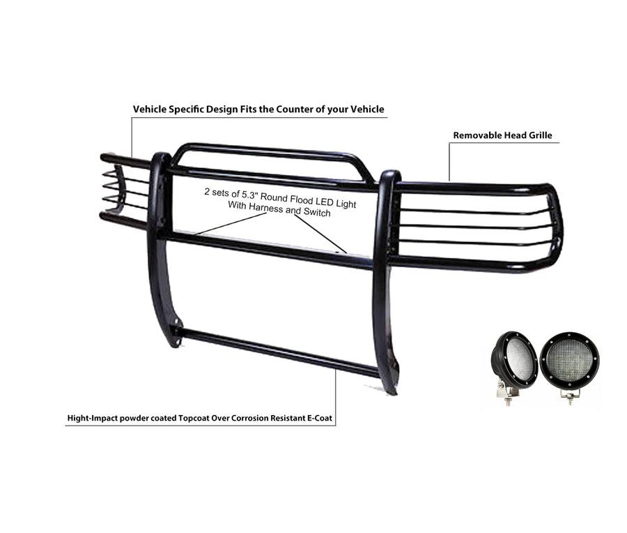 Bumper Guard Black Horse Grille Brush Modular Come with Pair of 5.3" Dia.LED Lights with Black Trim Rings Compatible with 1999-2002 Ford Expedition|1999-2004 Ford F-150-17FP26MA-PLFB