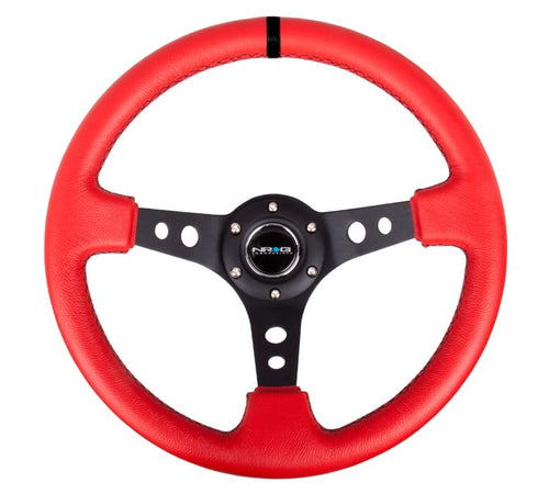 NRG Innovations Reinforced Steering Wheel NRG-RST-006RR-BS-B 350mm Sport Steering Wheel (3" Deep) Black Spoke With Suede Finish And Black Stitch, Red Leather/Black Round Holes
