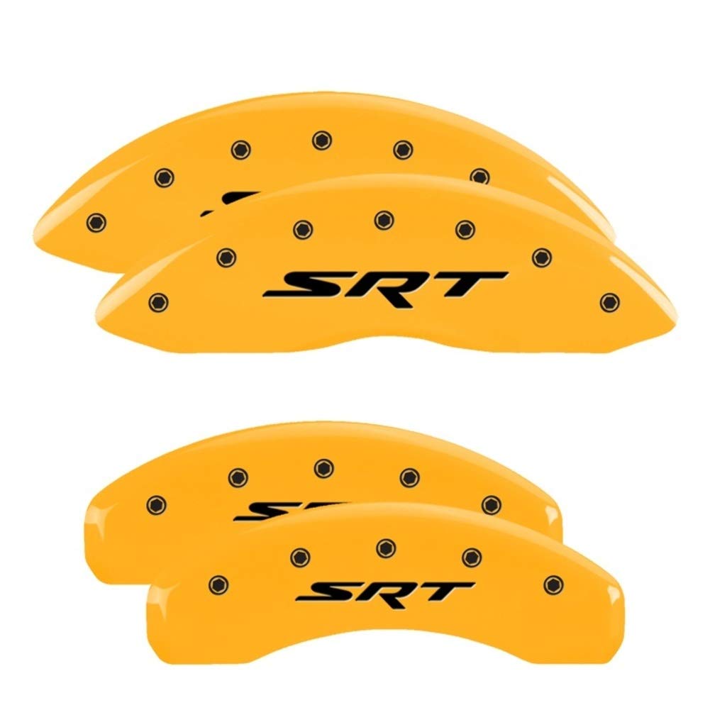 Brake Caliper Covers MGP Compatible with Jeep Grand Cherokee 2011-21, WK 2022 (Requires 17"+ Wheels) Yellow Powder-Coated Finish, Engraved Black SRT Logo, Front and Rear Caliper Covers (Set of 4)