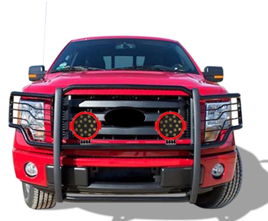 Bumper Guard Black Horse Grille brush Modular Come With pair of 7.0"Dia.LED Lights with Red Trim Rings Compatible with 2009-2014 Ford F-150-17FP30MA-PLR