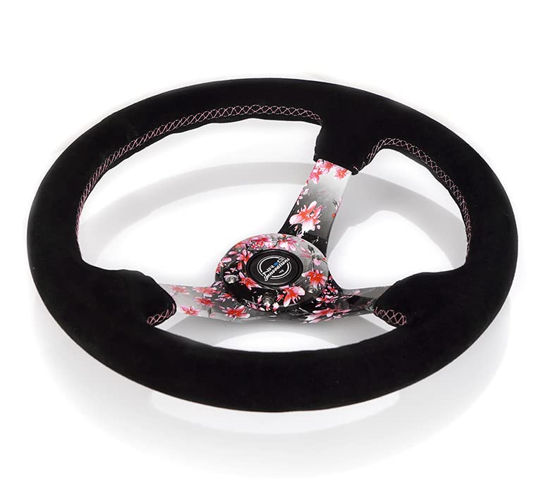 NRG Innovations Reinforced Steering Wheel NRG-RST-036SAK-S Hydro Dipped Sakura Floral 3" Deep, 5mm Spoke, 350mm, Pink Suede with Black Baseball Stitching