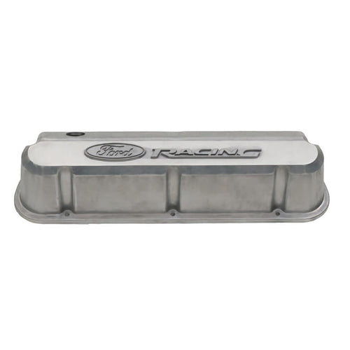 Ford Slant-Edge Valve Cover, Tall, Baffled, Breather Hole, Raised Ford Racing Logo, Aluminum, Natural