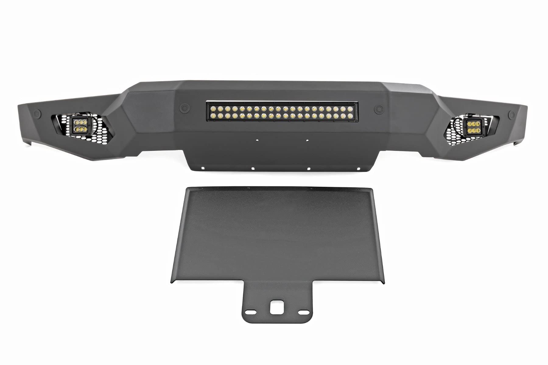 Rough Country Front High Clearance LED Bumper for Ford F-150 (2021–2023) - Steel Off-Road Protection w/Skid Plate, 20" Light Bar & 2" LED Cubes