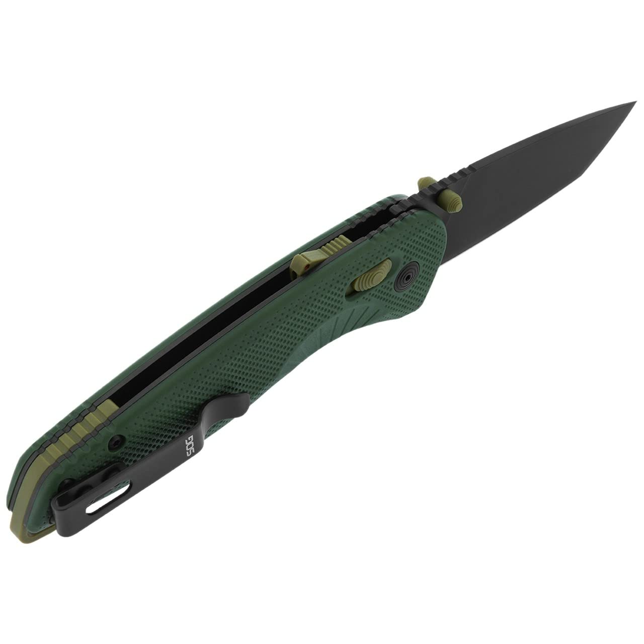 SOG Aegis Tanto Outdoor Pocket Folding Opening Knife, Ambidextrous at-XR Lock with Ergonomic Handle, D2 Steel Blade, Built-in Safety Blade Locking and Spine-Mounted Safety System, Forest & Moss