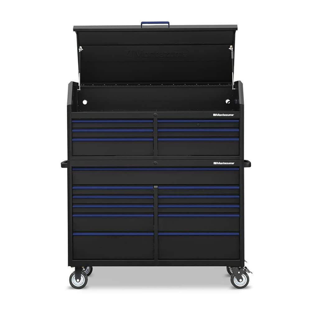 Montezuma Tool Box - 11 Drawer 56" x 24" Rolling Tool Cabinet with Multiple Power Outlets & Black Powder Coat Finish - M562411TC