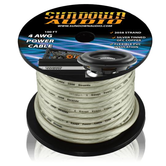 4 AWG Sundown Audio CBL-4S100 Power Cable – 100FT Spool, SilverTinned OFC Copper, 2058 Strands, Ultra-Flexible PVC – High Current Car Audio Amplifier & Subwoofer Wire (Silver)