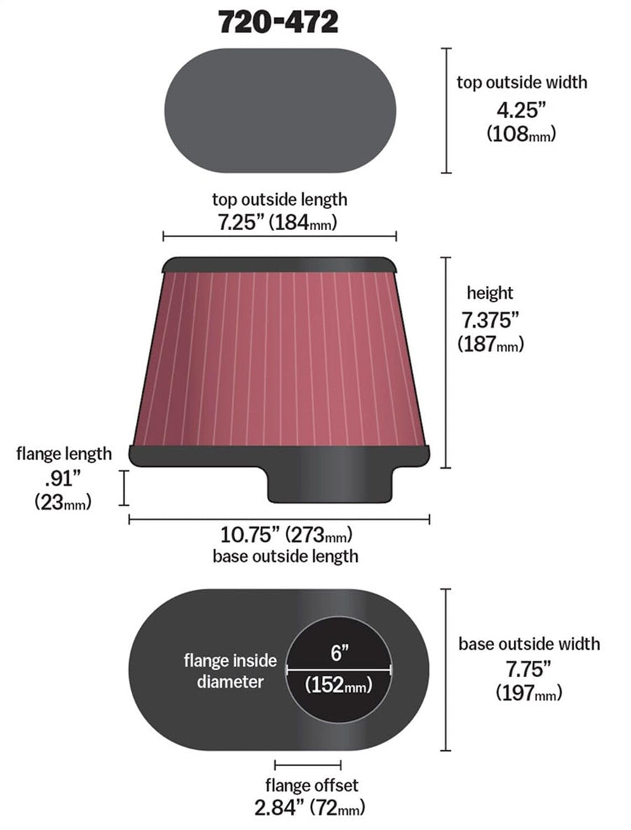 Universal Airaid Clamp-On Air Filter: Oval Tapered; 6 Inch (152 mm) Flange ID; 9 Inch (229 mm) Height; 10.75 Inch x 7.75 Inch (273 mm x 197 mm) Base; 7.25 Inch x 4.25 Inch (184 mm x108 mm) Top