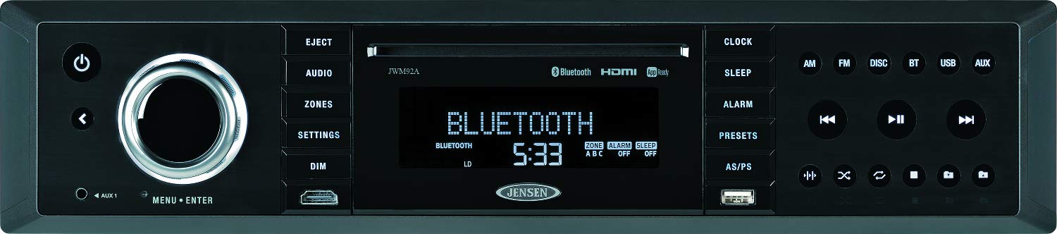 Jensen 3-Speaker JWM92A Zones Slimline Theater-Style DVD|USB|AUX|HDMI|App Ready Bluetooth Wallmount Stereo, Speaker Output 20X 8 Watt, Plays: CD/CD-R/CD-RW/DVD/DVD+R/DVD+RW/DVD-R/DVD-RW/MP3/WMA/JPEG