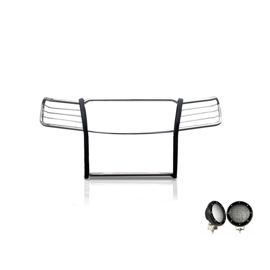 Bumper Guard Black Horse Grille Brush Modular Stainless Steel Come with Pair of 5.3" Dia.LED Lights with Black Trim Rings Compatible with 2006-2018 Toyota RAV4-17A093902MSS-PLFB