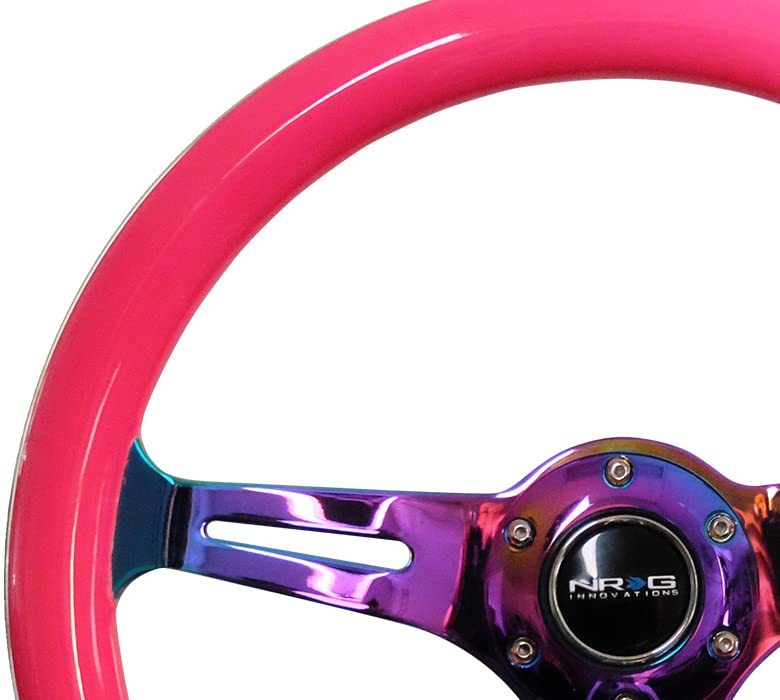 NRG Innovations Classic Wood Grain Steering Wheel NRG-ST-015MC-NPK, 350mm 3 Neochrome Spokes-Neon Pink Color