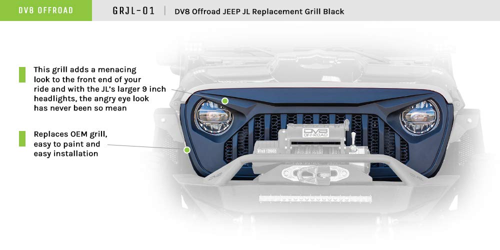 GRJL-01 | DV8 Offroad | ABS Grill Shell fits 2018-Current Wrangler JL and 2020-Current Gladiator JT | Aggressive Design | Customizable Flat Black Finish
