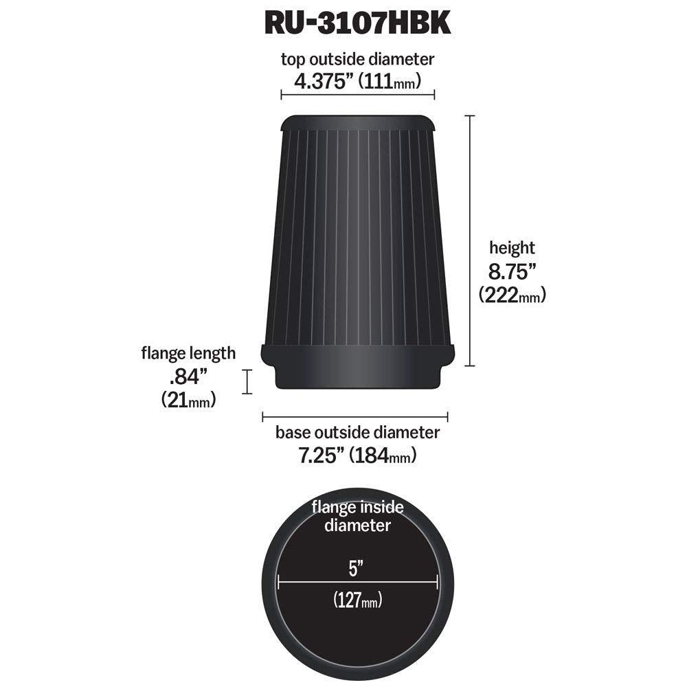 K&N Lifetime Dryflow Universal Clamp-On Air Filter: Dry Synthetic, Washable, Oil-Free: Flange Diameter: 5 In, Filter Height: 8.75 In, Flange Length: 1 In, Shape: Round Tapered, RU-3107HBK
