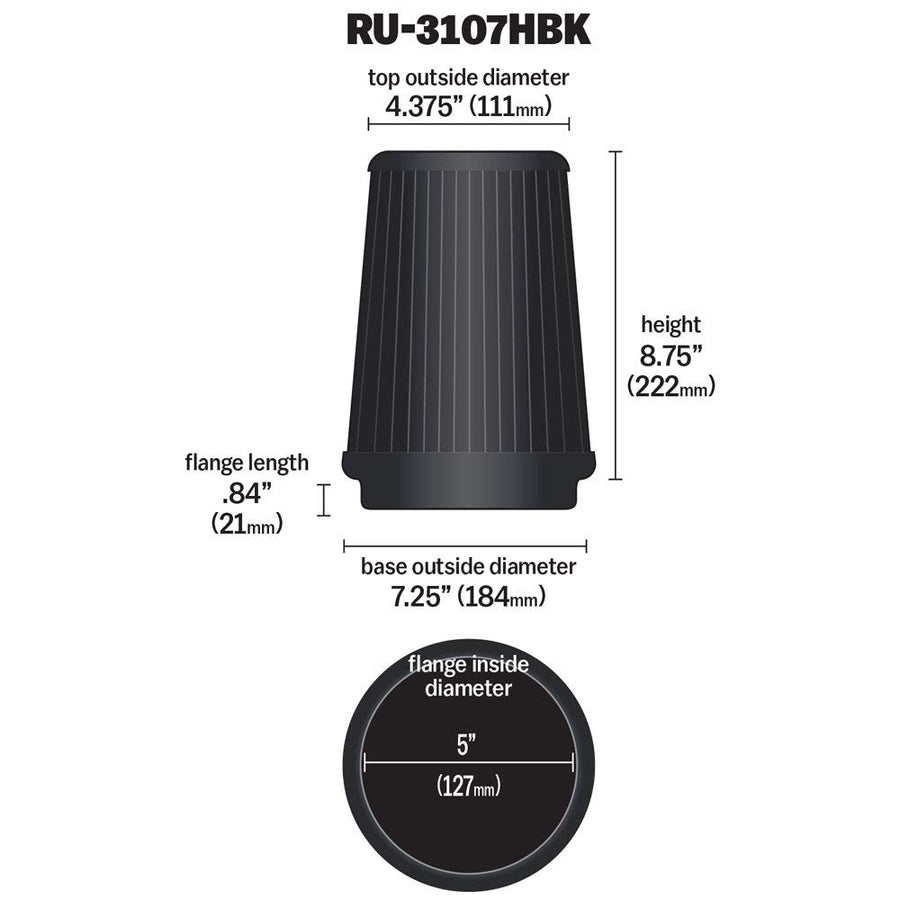 K&N Lifetime Dryflow Universal Clamp-On Air Filter: Dry Synthetic, Washable, Oil-Free: Flange Diameter: 5 In, Filter Height: 8.75 In, Flange Length: 1 In, Shape: Round Tapered, RU-3107HBK