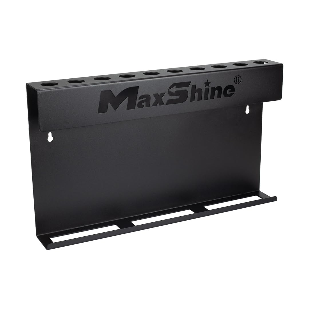 Maxshine Brush & Trigger Bottle Holder H06 Universal | Wall-Mount Organizer Holds 10 Brushes & 6 Spray Bottles | Black Powder-Coated Iron Rack for Garage, Auto Detailing Shop & Car Care Storage
