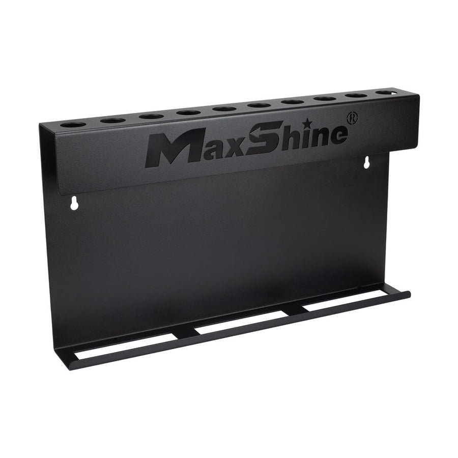 Maxshine Brush & Trigger Bottle Holder H06 Universal | Wall-Mount Organizer Holds 10 Brushes & 6 Spray Bottles | Black Powder-Coated Iron Rack for Garage, Auto Detailing Shop & Car Care Storage