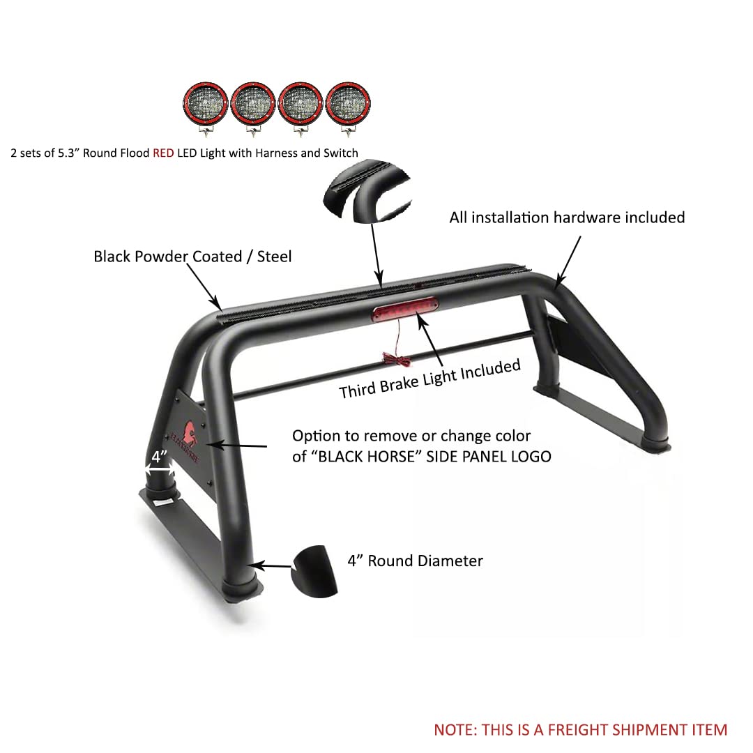 Classic Black Horse Roll Bar Incl. Set of 5.3" Dia.LED Lights w/Red Trim Rings Compatible with 19-24 Ram 1500 Excludes Classic models-RB002BK-PLFR