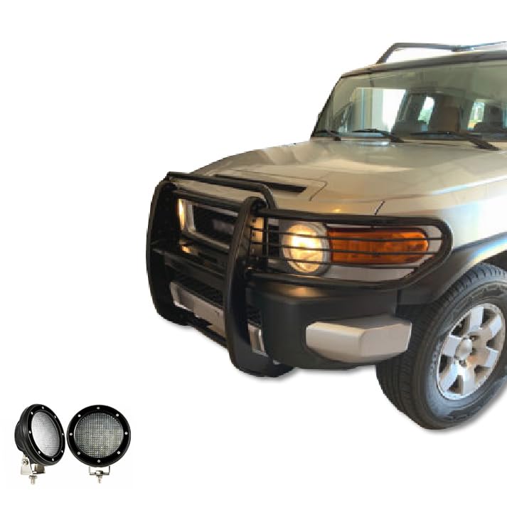 Grille Brush Black Horse Bumper Guard Modular Black Come with Pair of 5.3" Dia.LED Lights with Black Trim Rings Compatible with 2007-2014 Toyota FJ Cruiser-17A098600MA-PLFB