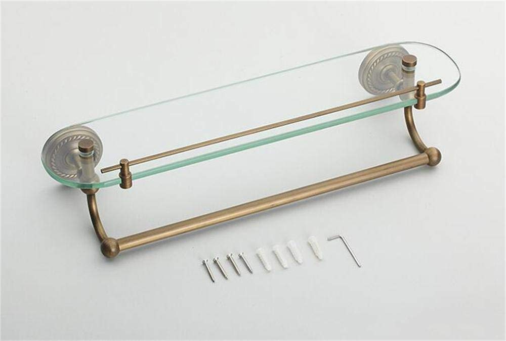 Bathroom Rack Single deck Glass with Towel Bar, Brass, Brushed, Antique Bathroom Cosmetic Storage Rack Bathroom Shelf