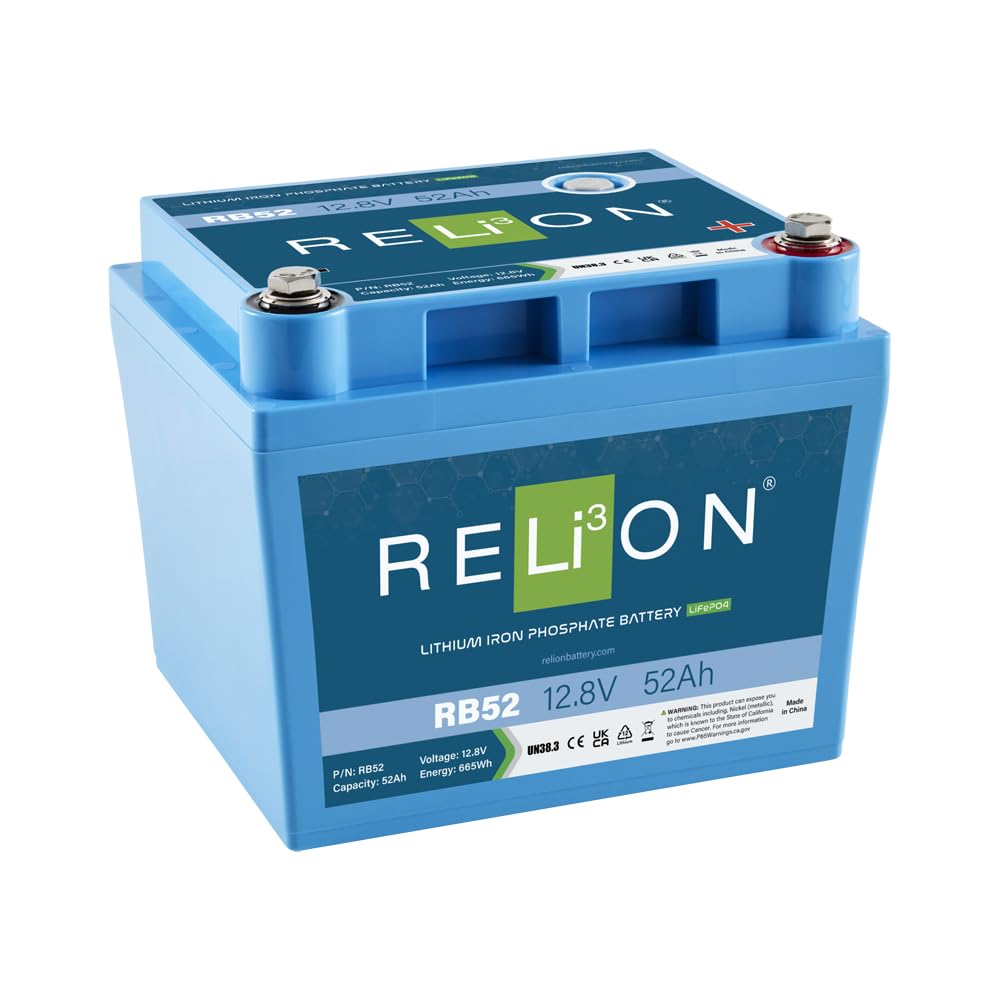 12V RELiON RB52 | 52Ah LiFePO4 Lithium-ion Battery | 3500~5000 Cycles | Built-in BMS | Waterproof (IP67 Rating)| 10 Year Warranty | Lightweight small size | Perfect for Trolling Motor, Kayak, RV etc.