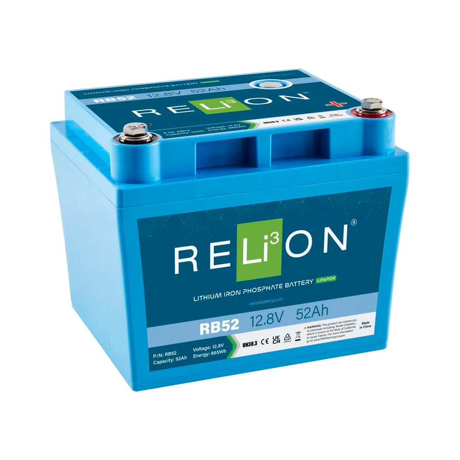 12V RELiON RB52 | 52Ah LiFePO4 Lithium-ion Battery | 3500~5000 Cycles | Built-in BMS | Waterproof (IP67 Rating)| 10 Year Warranty | Lightweight small size | Perfect for Trolling Motor, Kayak, RV etc.