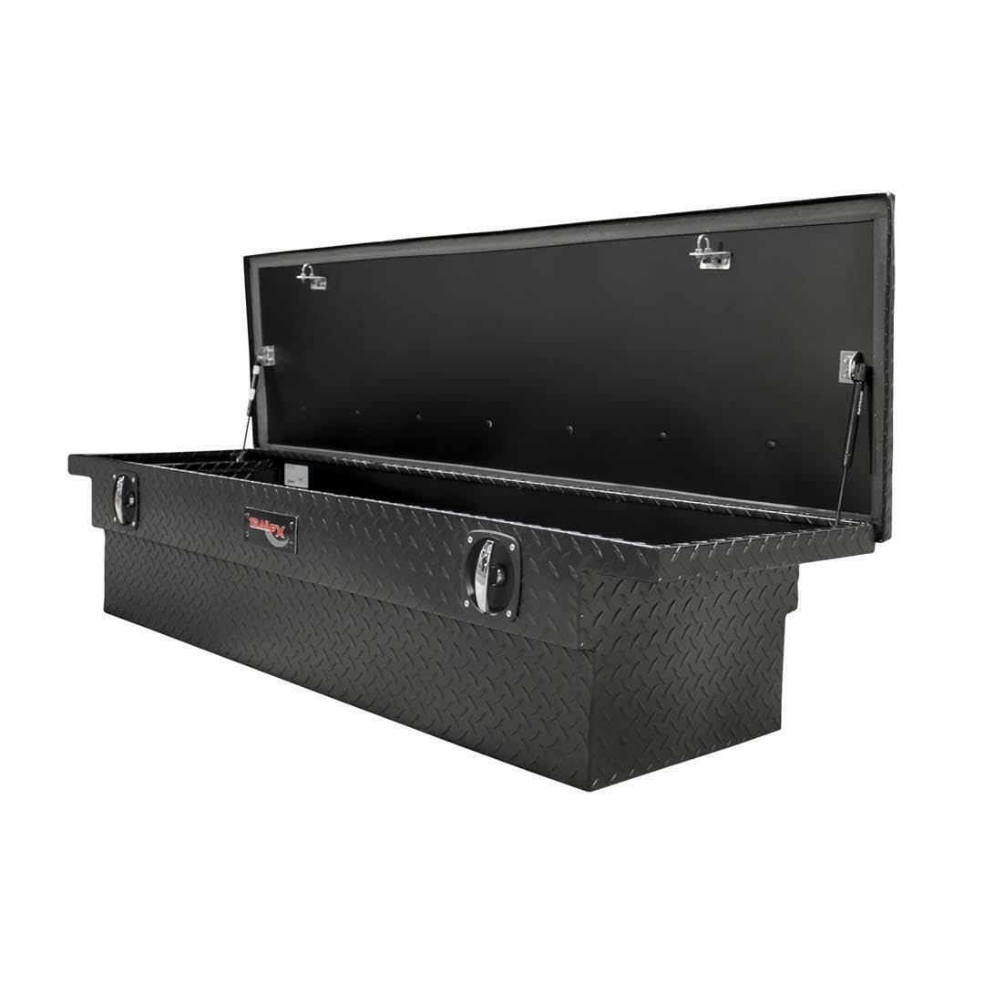 120693C TrailFX Tool Box Fits 1987-2025 Ford F-150 Low Profile Crossover Tool Box Single Lid Diamond Tread Matte Black Aluminum 69 Inch Wide 8.4 Cubic Foot T-Handle