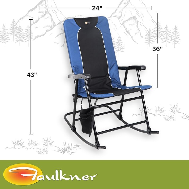 Dakota Folding Rocking Chair Faulkner – Blue/Black, 42.1" x 22", 300 lb Capacity, Padded Camping Chair with Side Pouch, Lightweight Steel Frame, Folds for Easy Carry