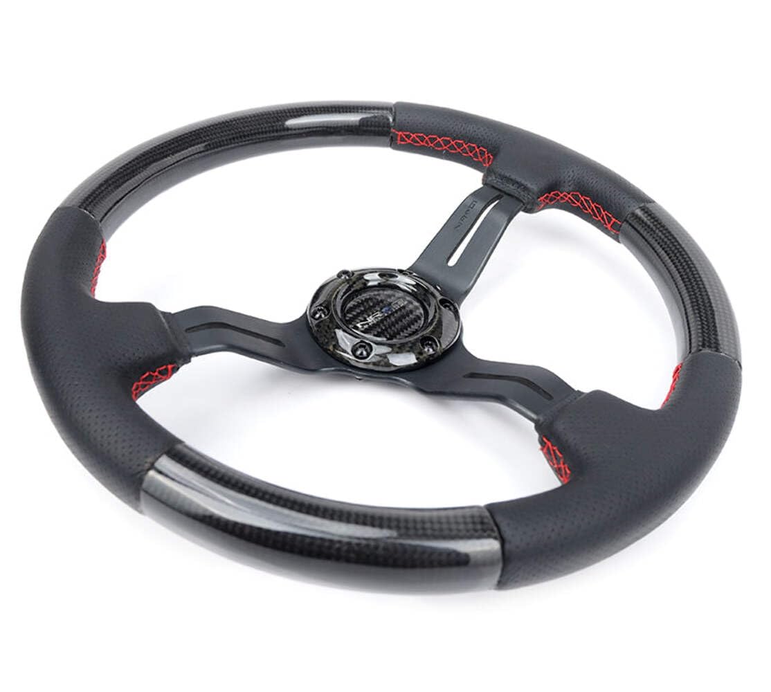 NRG Innovations Carbon Fiber NRG-ST-010CFRS Steering Wheel 1.5" Deep Dish, Leather Wrapped, 6 X 70 PCD, Black Anodized
