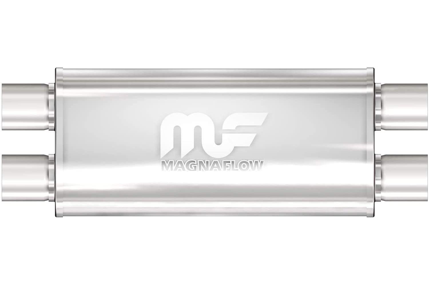 5in x 8in MagnaFlow Round Center/Center Performance Muffler Exhaust 14468 - Straight-Through, 2.5in Inlet/Outlet Diameter, 24in Overall Length, Polished Finish - Deep Powerful Exhaust Sound