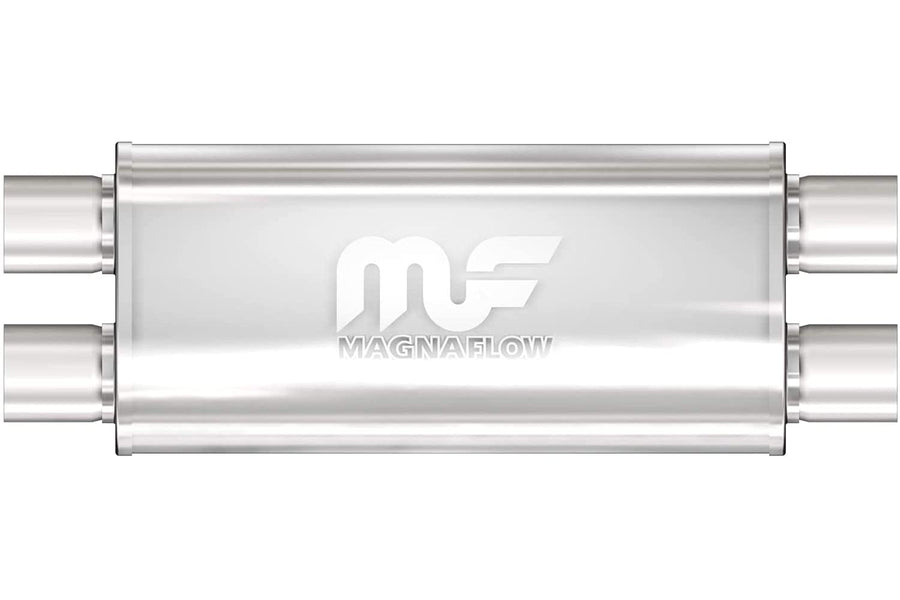 5in x 8in MagnaFlow Round Center/Center Performance Muffler Exhaust 14468 - Straight-Through, 2.5in Inlet/Outlet Diameter, 24in Overall Length, Polished Finish - Deep Powerful Exhaust Sound