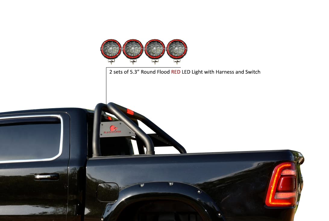 Classic Black Horse Roll Bar Incl. Set of 5.3" Dia.Led Lights w/Red Trim Rings Compatible with 99-22 Ford F-250 Super Duty|99-22 Ford F-350 Super Duty|99-22 Ford F-450 Super Duty-RB015BK-PLFR
