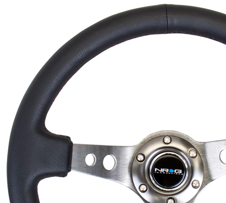 NRG Innovations Reinforced NRG-RST-006GM Steering Wheel - 350mm Sport Steering Wheel (3" Deep) - Gun Metal Spoke with Round holes, Black Leather