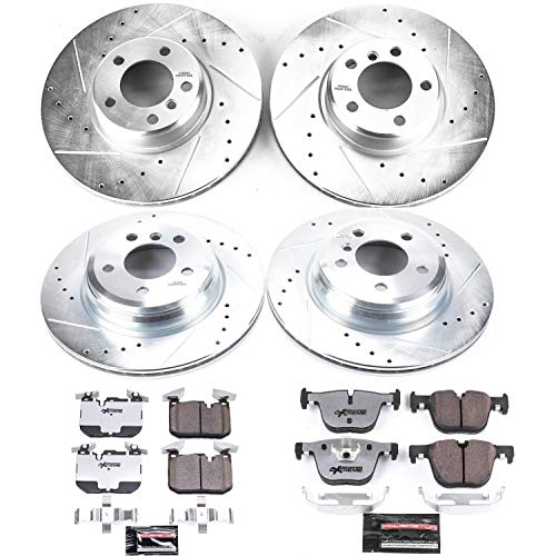 Power Stop K6654-26 Z26 Carbon Fiber Brake Pads Front and Rear with Drilled and Slotted Brake Rotors Kit and 1 Front & 1 Rear Sensor Wires For BMW 330i 335i 340i 428i 430i 435i 440i Activehybrid3