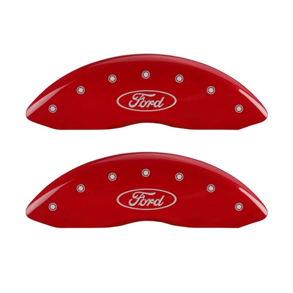 Ford Oval Logo Type MGP Caliper Covers 10229SFRDRD with Red Powder Coat Finish and Silver Characters, (Set of 4)